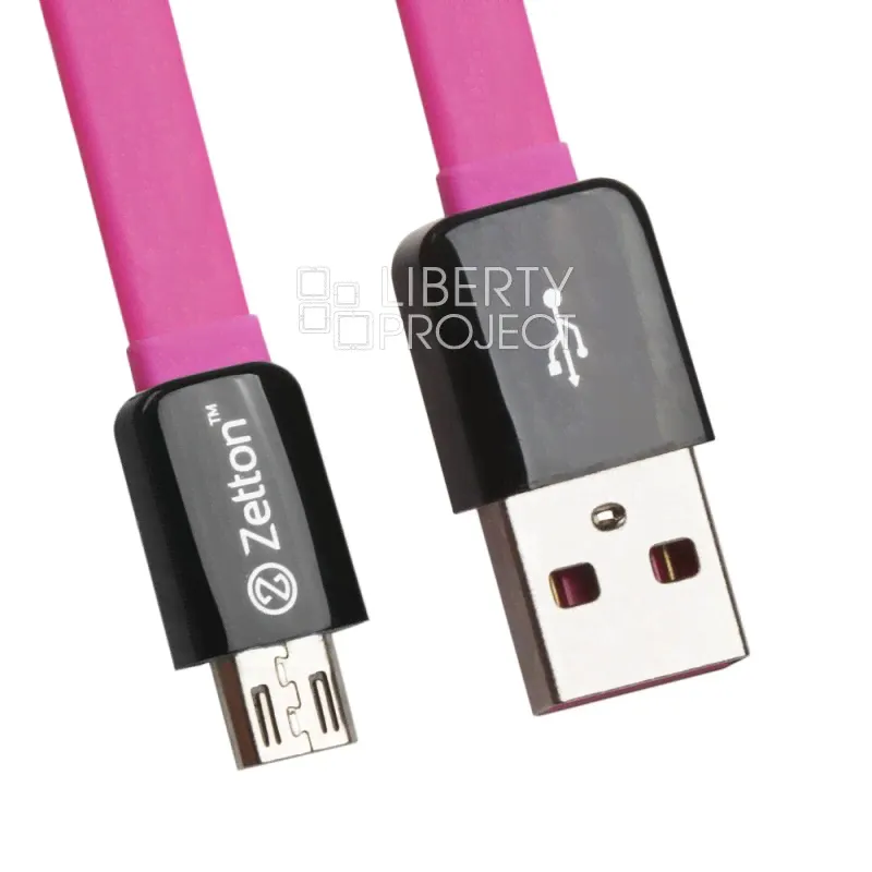 OEM USB кабель передачи данных Zetton Flat разъем Micro USB плоский черный с розовым