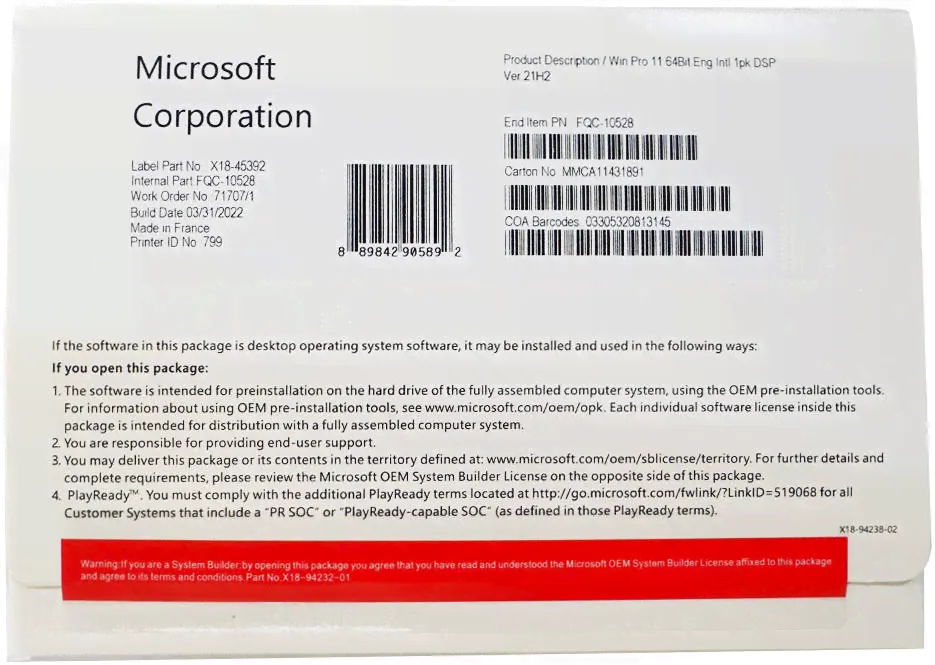 Windows 11 Pro 32/64bit, OEM (FQC-10547) конверт с диском