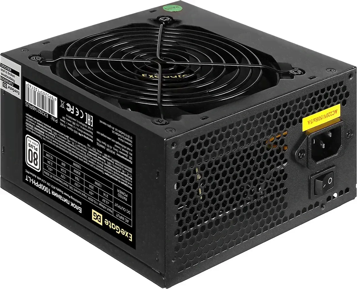 Блок питания Exegate EX292146RUS-OEM 1000W ExeGate 80 PLUS 1000PPH-LT-OEM (ATX, APFC, КПД 82% (80 PLUS), 12cm fan, 24pin, 2x(4+4)pin, PCIe, 5xSATA, 3xIDE, black, RTL) (EX292146RUS-OEM)