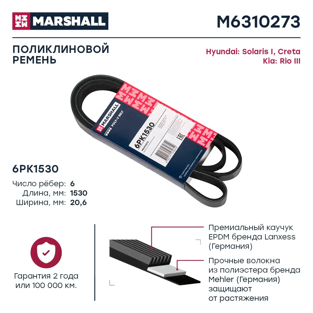 Ремень поликлиновой 6PK1530 Hyundai: Solaris I, Creta Kia: Rio III; кросс-номер FEBI 38849; OEM 252122B010; 90412745; 90444421; 90444422; 90501383-0